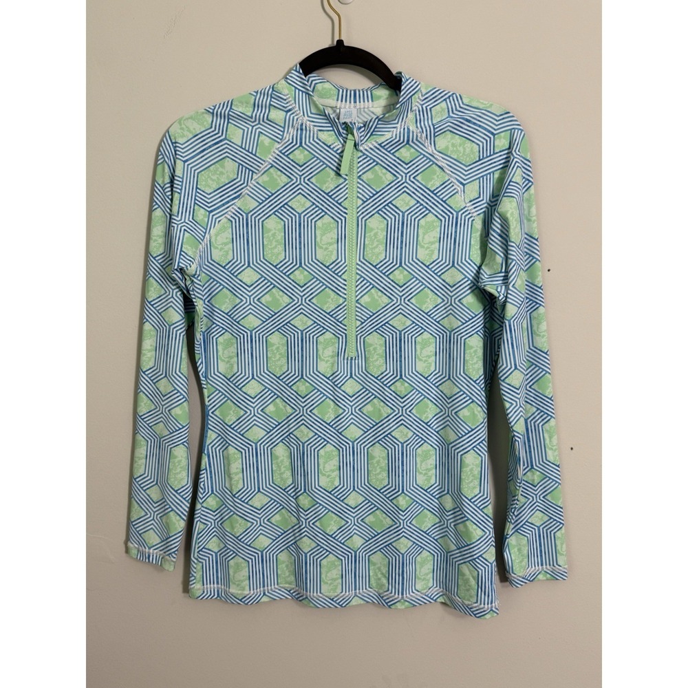 J McLaughlin Pullover Womens Sz M Athletic Quarter Zip Geometric Green Blue